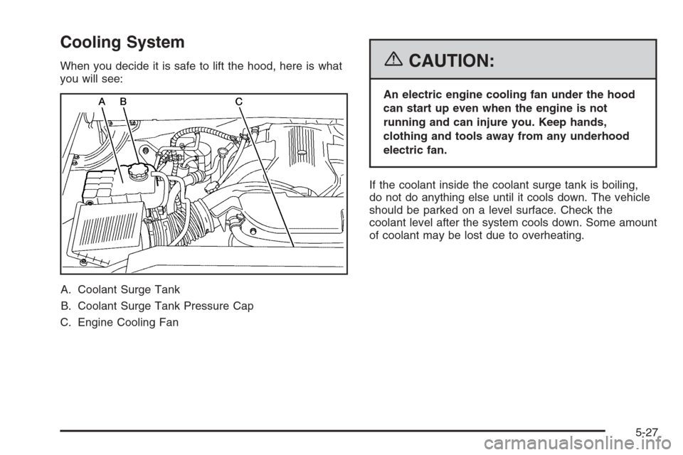 CADILLAC ESCALADE 2006 2.G User Guide Cooling System
When you decide it is safe to lift the hood, here is what
you will see:
A. Coolant Surge Tank
B. Coolant Surge Tank Pressure Cap
C. Engine Cooling Fan{CAUTION:
An electric engine coolin