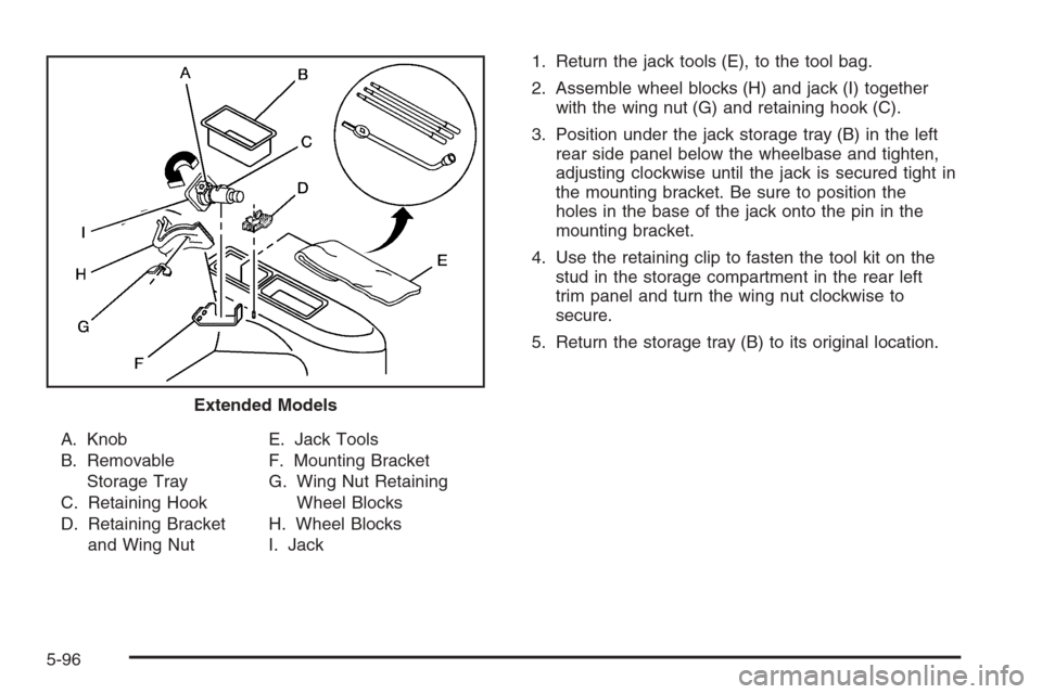 CADILLAC ESCALADE 2006 2.G Owners Manual A. Knob
B. Removable
Storage Tray
C. Retaining Hook
D. Retaining Bracket
and Wing NutE. Jack Tools
F. Mounting Bracket
G. Wing Nut Retaining
Wheel Blocks
H. Wheel Blocks
I. Jack1. Return the jack tool