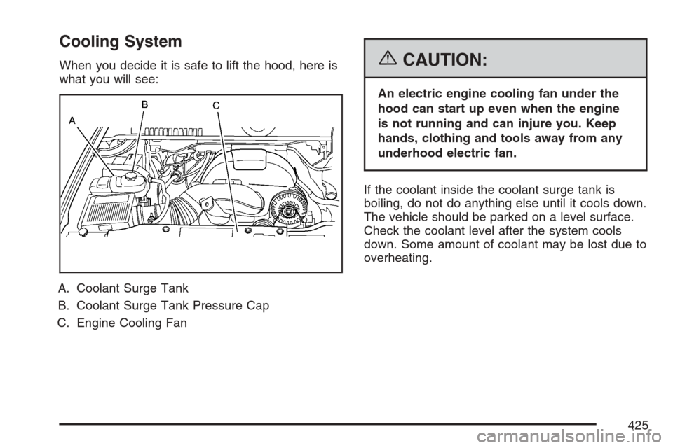 CADILLAC ESCALADE 2007 3.G Service Manual Cooling System
When you decide it is safe to lift the hood, here is
what you will see:
A. Coolant Surge Tank
B. Coolant Surge Tank Pressure Cap
C. Engine Cooling Fan{CAUTION:
An electric engine coolin