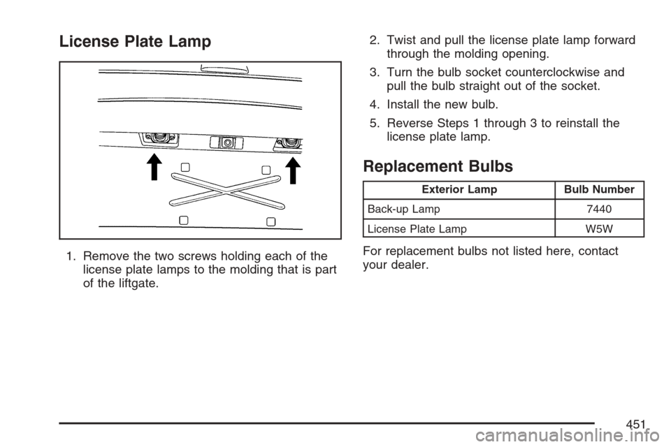 CADILLAC ESCALADE 2007 3.G Owners Manual License Plate Lamp
1. Remove the two screws holding each of the
license plate lamps to the molding that is part
of the liftgate.2. Twist and pull the license plate lamp forward
through the molding ope