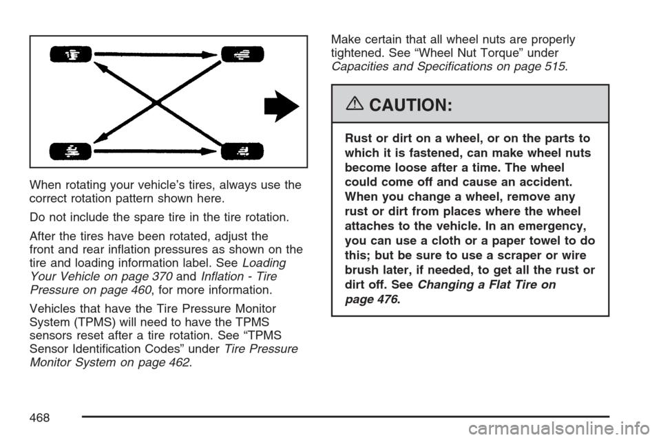 CADILLAC ESCALADE 2007 3.G Owners Manual When rotating your vehicle’s tires, always use the
correct rotation pattern shown here.
Do not include the spare tire in the tire rotation.
After the tires have been rotated, adjust the
front and re CADILLAC ESCALADE 2007 3.G Owners Manual When rotating your vehicle’s tires, always use the
correct rotation pattern shown here.
Do not include the spare tire in the tire rotation.
After the tires have been rotated, adjust the
front and re