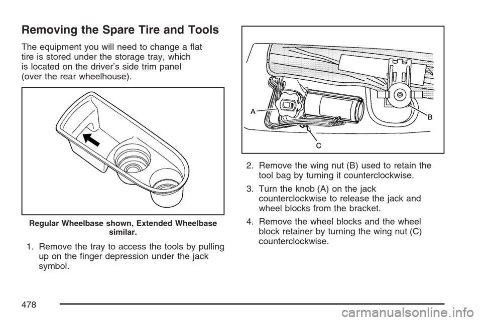 CADILLAC ESCALADE 2007 3.G Owners Manual Removing the Spare Tire and Tools
The equipment you will need to change a �at
tire is stored under the storage tray, which
is located on the driver’s side trim panel
(over the rear wheelhouse).
1. R