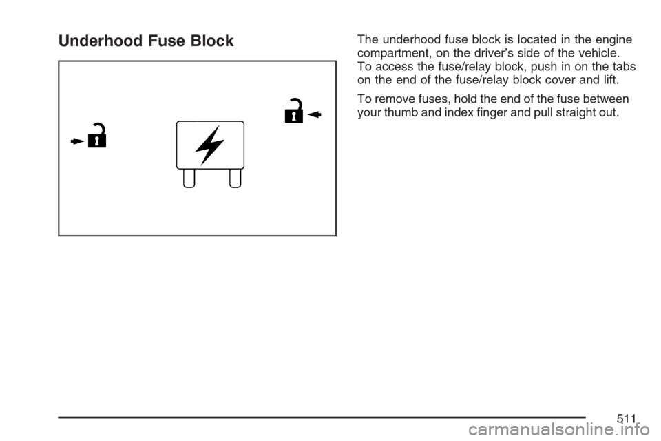 CADILLAC ESCALADE 2007 3.G Owners Manual Underhood Fuse BlockThe underhood fuse block is located in the engine
compartment, on the driver’s side of the vehicle.
To access the fuse/relay block, push in on the tabs
on the end of the fuse/rel