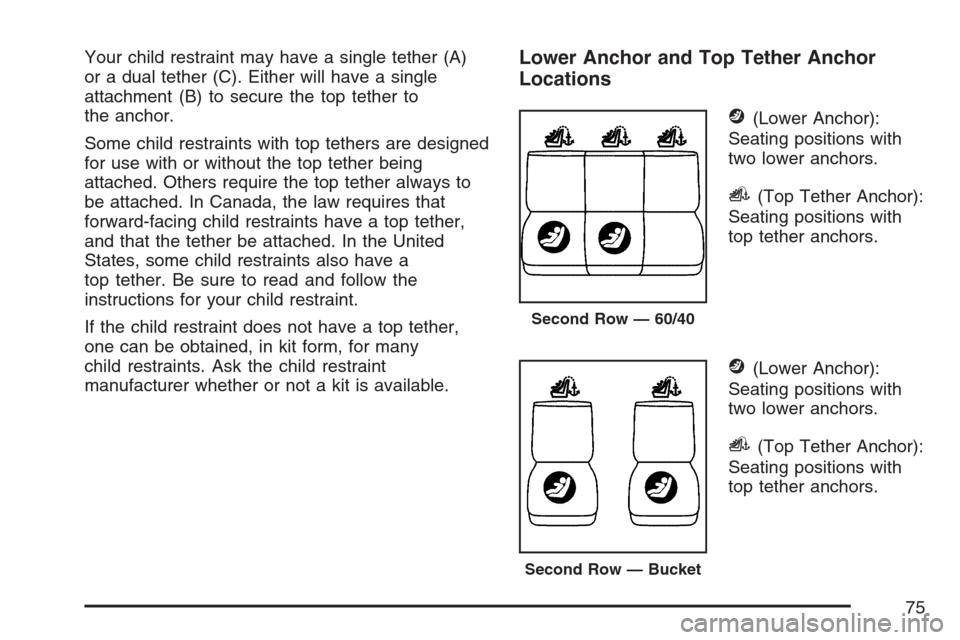 CADILLAC ESCALADE 2007 3.G Manual PDF Your child restraint may have a single tether (A)
or a dual tether (C). Either will have a single
attachment (B) to secure the top tether to
the anchor.
Some child restraints with top tethers are desi CADILLAC ESCALADE 2007 3.G Manual PDF Your child restraint may have a single tether (A)
or a dual tether (C). Either will have a single
attachment (B) to secure the top tether to
the anchor.
Some child restraints with top tethers are desi