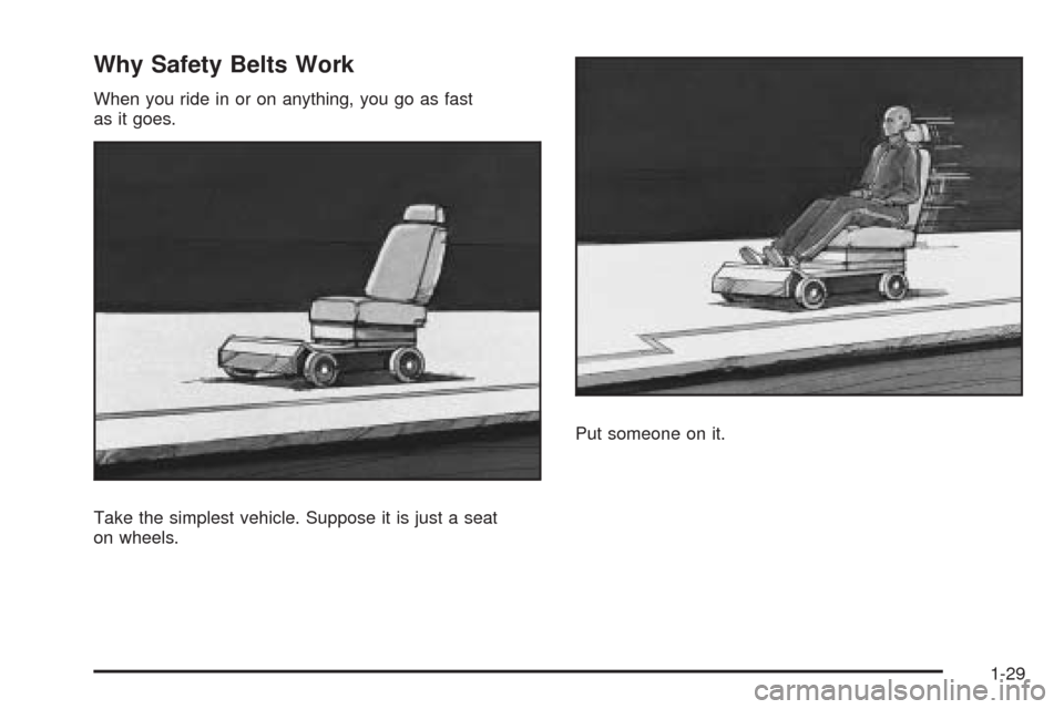 CADILLAC ESCALADE 2009 3.G Owners Guide Why Safety Belts Work
When you ride in or on anything, you go as fast
as it goes.
Take the simplest vehicle. Suppose it is just a seat
on wheels.Put someone on it.
1-29 