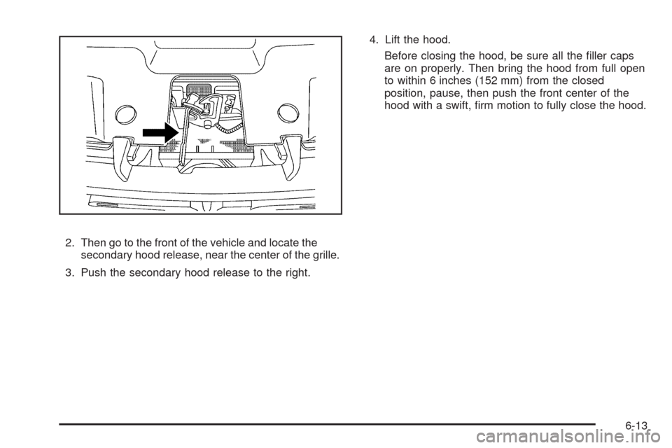 CADILLAC ESCALADE 2009 3.G Owners Manual 2. Then go to the front of the vehicle and locate the
secondary hood release, near the center of the grille.
3. Push the secondary hood release to the right.4. Lift the hood.
Before closing the hood, 