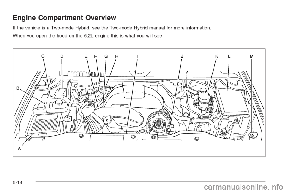 CADILLAC ESCALADE 2009 3.G Manual PDF Engine Compartment Overview
If the vehicle is a Two-mode Hybrid, see the Two-mode Hybrid manual for more information.
When you open the hood on the 6.2L engine this is what you will see:
6-14 