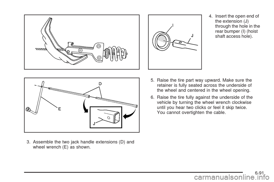 CADILLAC ESCALADE 2009 3.G Owners Manual 3. Assemble the two jack handle extensions (D) and
wheel wrench (E) as shown.4. Insert the open end of
the extension (J)
through the hole in the
rear bumper (I) (hoist
shaft access hole).
5. Raise the