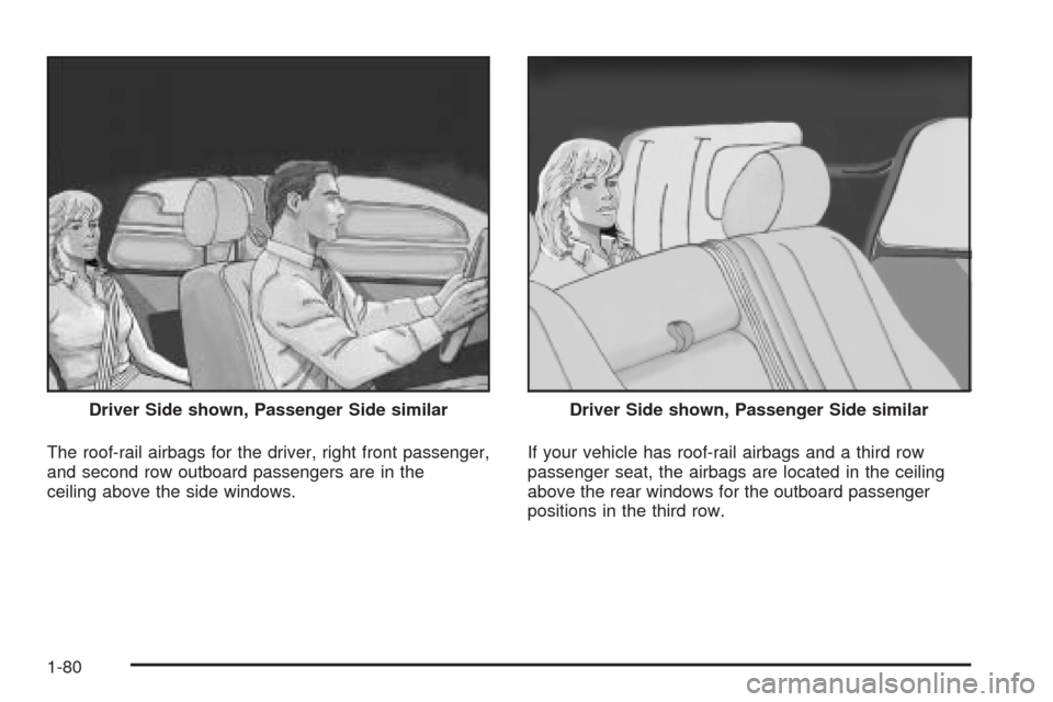 CADILLAC ESCALADE 2009 3.G Manual Online The roof-rail airbags for the driver, right front passenger,
and second row outboard passengers are in the
ceiling above the side windows.If your vehicle has roof-rail airbags and a third row
passenge