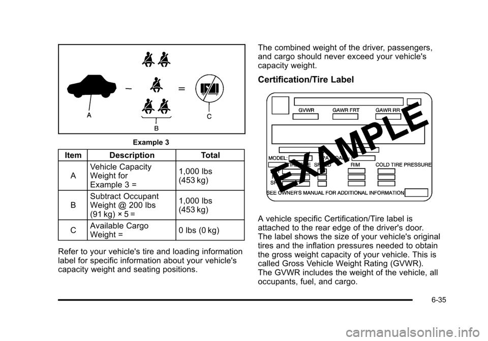 CADILLAC ESCALADE 2010 3.G Owners Manual Example 3
ItemDescriptionTotal
A
Vehicle Capacity
Weight for
Example 3 =
1,000 lbs
(453 kg)
B
Subtract Occupant
Weight @ 200 lbs
(91 kg)!5 =
1,000 lbs
(453 kg)
CAvailable Cargo
Weight =0 lbs (0 kg)
Re CADILLAC ESCALADE 2010 3.G Owners Manual Example 3
ItemDescriptionTotal
A
Vehicle Capacity
Weight for
Example 3 =
1,000 lbs
(453 kg)
B
Subtract Occupant
Weight @ 200 lbs
(91 kg)!5 =
1,000 lbs
(453 kg)
CAvailable Cargo
Weight =0 lbs (0 kg)
Re