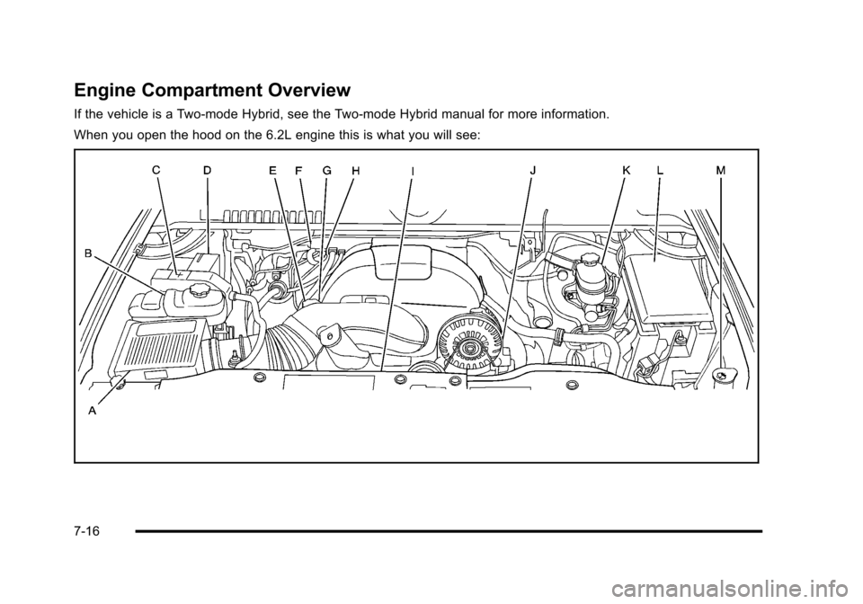CADILLAC ESCALADE 2010 3.G Owners Manual Engine Compartment Overview
If the vehicle is a Two-mode Hybrid, see the Two-mode Hybrid manual for more information.
When you open the hood on the 6.2L engine this is what you will see:
7-16 CADILLAC ESCALADE 2010 3.G Owners Manual Engine Compartment Overview
If the vehicle is a Two-mode Hybrid, see the Two-mode Hybrid manual for more information.
When you open the hood on the 6.2L engine this is what you will see:
7-16