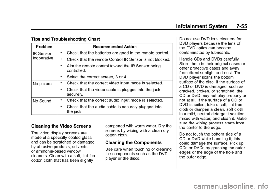 CADILLAC ESCALADE 2012 3.G User Guide Black plate (55,1)Cadillac Escalade/Escalade ESV Owner Manual - 2012
Infotainment System 7-55
Tips and Troubleshooting Chart
ProblemRecommended Action
IR Sensor
Inoperative
.Check that the batteries a CADILLAC ESCALADE 2012 3.G User Guide Black plate (55,1)Cadillac Escalade/Escalade ESV Owner Manual - 2012
Infotainment System 7-55
Tips and Troubleshooting Chart
ProblemRecommended Action
IR Sensor
Inoperative
.Check that the batteries a