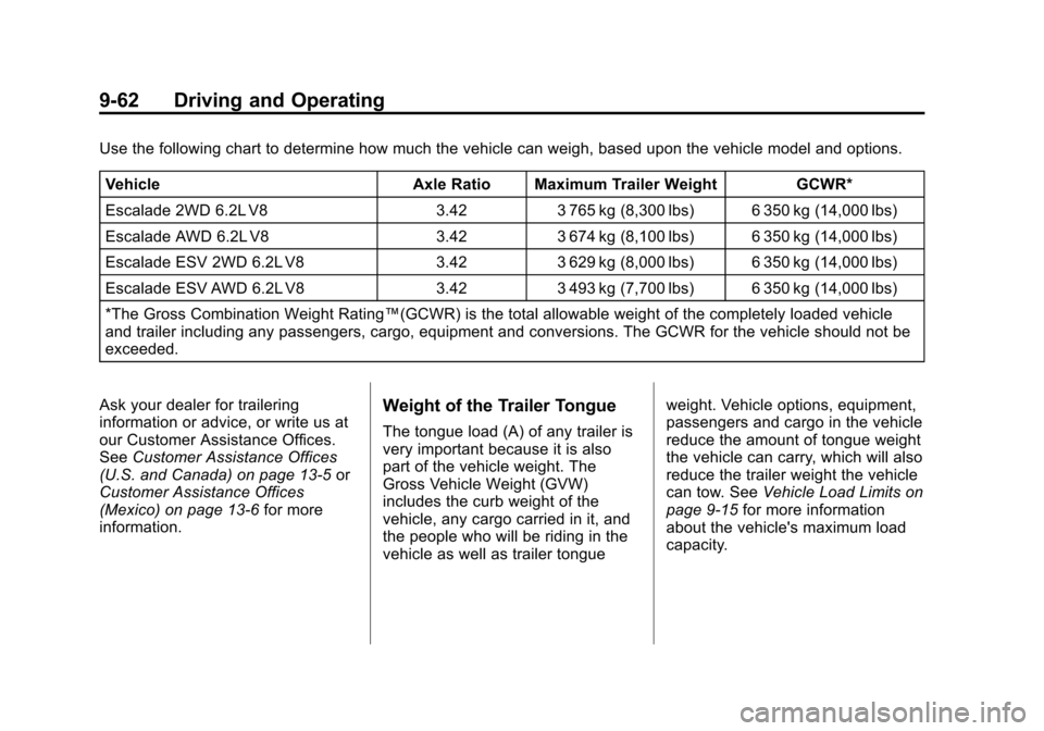 CADILLAC ESCALADE 2012 3.G Owners Manual Black plate (62,1)Cadillac Escalade/Escalade ESV Owner Manual - 2012
9-62 Driving and Operating
Use the following chart to determine how much the vehicle can weigh, based upon the vehicle model and op CADILLAC ESCALADE 2012 3.G Owners Manual Black plate (62,1)Cadillac Escalade/Escalade ESV Owner Manual - 2012
9-62 Driving and Operating
Use the following chart to determine how much the vehicle can weigh, based upon the vehicle model and op