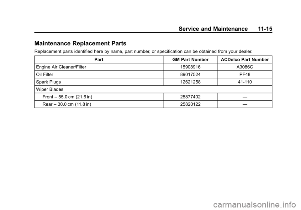 CADILLAC ESCALADE 2013 3.G Owners Manual Black plate (15,1)Cadillac Escalade/Escalade ESV Owner Manual - 2013 - CRC 2nd Edition - 10/
9/12
Service and Maintenance 11-15
Maintenance Replacement Parts
Replacement parts identified here by name,