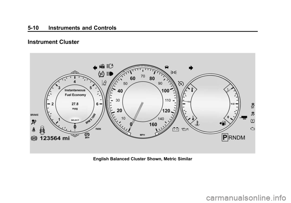 CADILLAC ESCALADE 2015 4.G Owners Manual Black plate (10,1)Cadillac Escalade Owner Manual (GMNA-Localizing-U.S./Canada/Mexico-
7063683) - 2015 - crc - 2/24/14
5-10 Instruments and Controls
Instrument Cluster
English Balanced Cluster Shown, M
