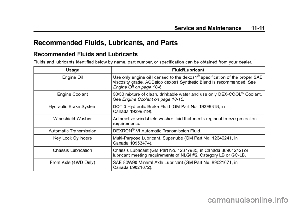 CADILLAC ESCALADE 2015 4.G Owners Manual Black plate (11,1)Cadillac Escalade Owner Manual (GMNA-Localizing-U.S./Canada/Mexico-
7063683) - 2015 - crc - 2/24/14
Service and Maintenance 11-11
Recommended Fluids, Lubricants, and Parts
Recommende