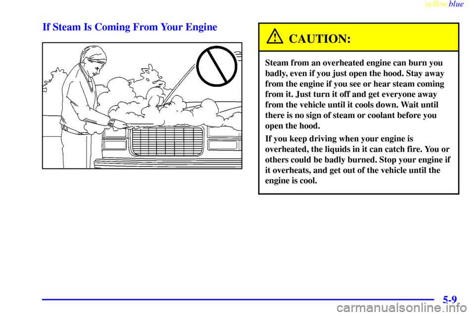 CADILLAC ESCALADE 1999 1.G Owners Manual yellowblue     
5-9 If Steam Is Coming From Your Engine
CAUTION:
Steam from an overheated engine can burn you
badly, even if you just open the hood. Stay away
from the engine if you see or hear steam 
