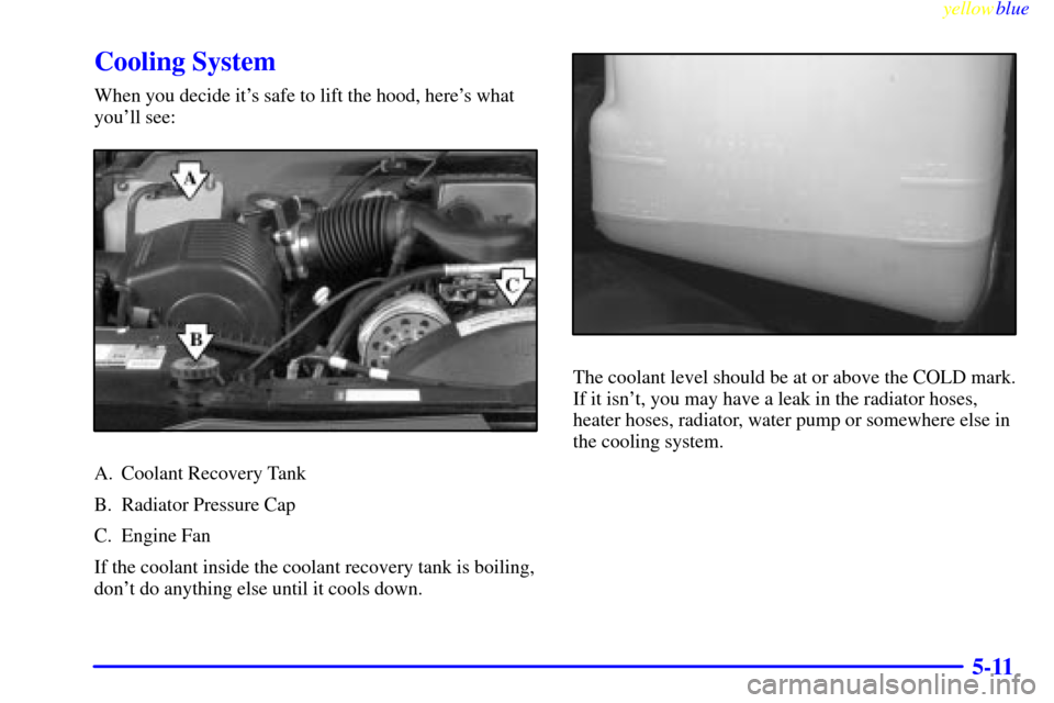 CADILLAC ESCALADE 1999 1.G Owners Manual yellowblue     
5-11
Cooling System
When you decide its safe to lift the hood, heres what
youll see:
A. Coolant Recovery Tank
B. Radiator Pressure Cap
C. Engine Fan
If the coolant inside the coolan