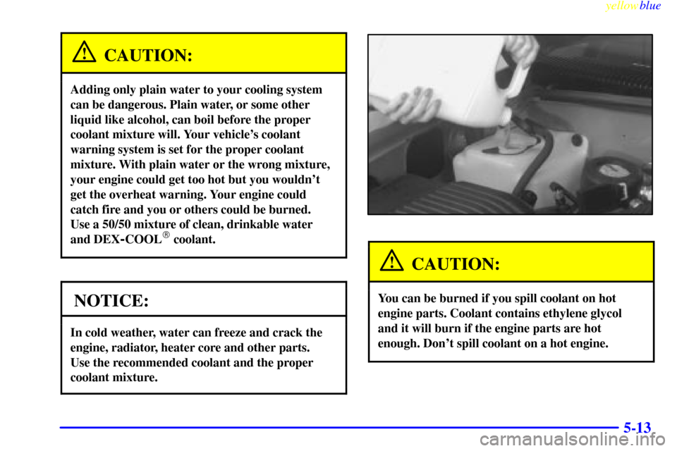 CADILLAC ESCALADE 1999 1.G Owners Manual yellowblue     
5-13
CAUTION:
Adding only plain water to your cooling system
can be dangerous. Plain water, or some other
liquid like alcohol, can boil before the proper
coolant mixture will. Your veh