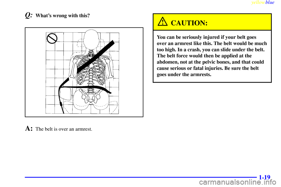 CADILLAC ESCALADE 1999 1.G Owners Manual yellowblue     
1-19
Q:Whats wrong with this?
A:The belt is over an armrest.
CAUTION:
You can be seriously injured if your belt goes
over an armrest like this. The belt would be much
too high. In a c