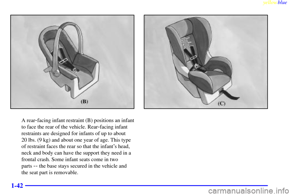 CADILLAC ESCALADE 1999 1.G Owners Manual yellowblue     
1-42
A rear-facing infant restraint (B) positions an infant
to face the rear of the vehicle. Rear
-facing infant
restraints are designed for infants of up to about 
20 lbs. (9 kg) and 