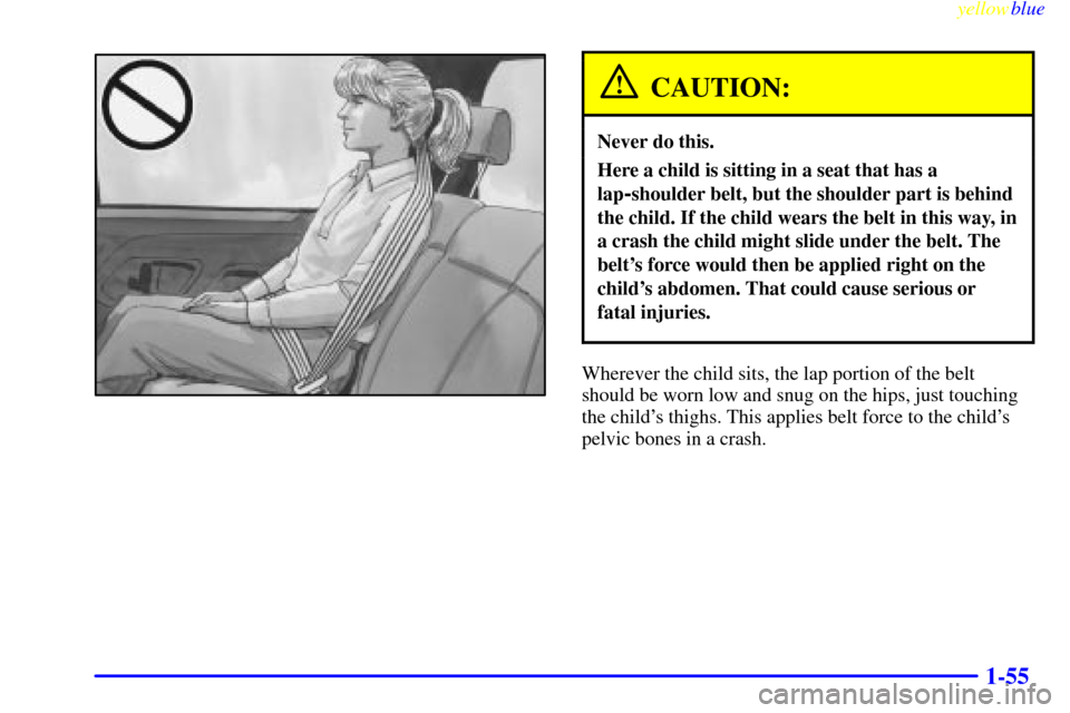 CADILLAC ESCALADE 1999 1.G Repair Manual yellowblue
1-55
CAUTION:
Never do this.
Here a child is sitting in a seat that has a
lap
-shoulder belt, but the shoulder part is behind
the child. If the child wears the belt in this way, in
a c CADILLAC ESCALADE 1999 1.G Repair Manual yellowblue
1-55
CAUTION:
Never do this.
Here a child is sitting in a seat that has a
lap
-shoulder belt, but the shoulder part is behind
the child. If the child wears the belt in this way, in
a c