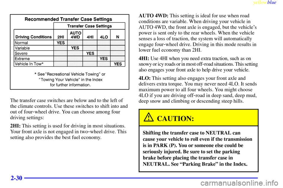 CADILLAC ESCALADE 1999 1.G Owners Manual yellowblue     
2-30
The transfer case switches are below and to the left of
the climate controls. Use these switches to shift into and
out of four
-wheel drive. You can choose among four
driving sett