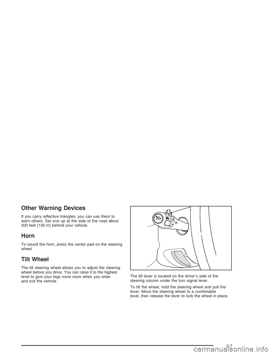 CADILLAC ESCALADE ESV 2004 2.G Owners Manual Other Warning Devices
If you carry re�ective triangles, you can use them to
warn others. Set one up at the side of the road about
300 feet (100 m) behind your vehicle.
Horn
To sound the horn, press th