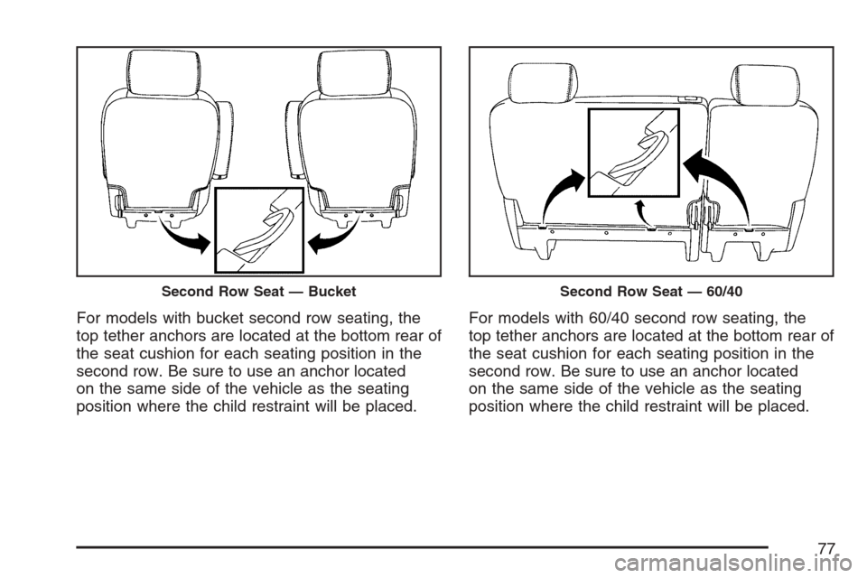 CADILLAC ESCALADE ESV 2007 2.G Manual PDF For models with bucket second row seating, the
top tether anchors are located at the bottom rear of
the seat cushion for each seating position in the
second row. Be sure to use an anchor located
on th