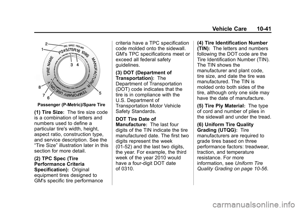 CADILLAC ESCALADE ESV 2015 4.G Owners Manual Black plate (41,1)Cadillac 2015i Escalade Owner Manual (GMNA-Localizing-U.S./Canada/
Mexico-8431501) - 2015 - CRC - 2/10/15
Vehicle Care 10-41
Passenger (P-Metric)/Spare Tire
(1) Tire Size:The tire si