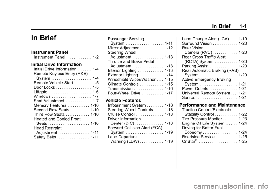 CADILLAC ESCALADE ESV 2015 4.G Owners Manual Black plate (1,1)Cadillac 2015i Escalade Owner Manual (GMNA-Localizing-U.S./Canada/
Mexico-8431501) - 2015 - CRC - 2/10/15
In Brief 1-1
In Brief
Instrument Panel
Instrument Panel . . . . . . . . . . .