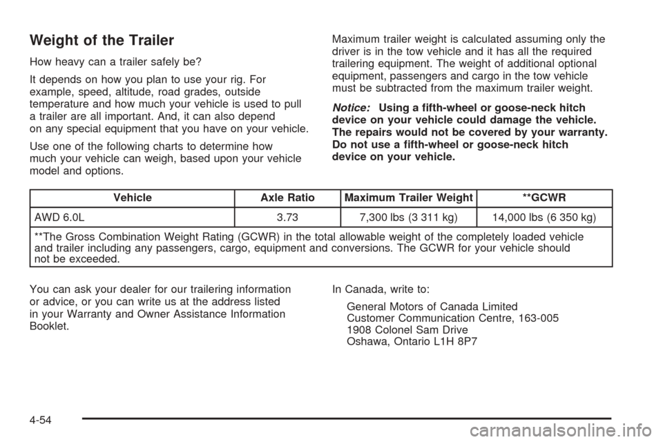 CADILLAC ESCALADE EXT 2005 2.G Owners Manual Weight of the Trailer
How heavy can a trailer safely be?
It depends on how you plan to use your rig. For
example, speed, altitude, road grades, outside
temperature and how much your vehicle is used to CADILLAC ESCALADE EXT 2005 2.G Owners Manual Weight of the Trailer
How heavy can a trailer safely be?
It depends on how you plan to use your rig. For
example, speed, altitude, road grades, outside
temperature and how much your vehicle is used to