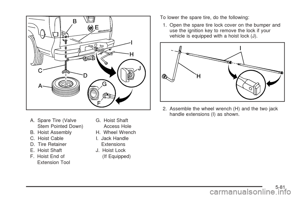 CADILLAC ESCALADE EXT 2005 2.G Manual PDF A. Spare Tire (Valve
Stem Pointed Down)
B. Hoist Assembly
C. Hoist Cable
D. Tire Retainer
E. Hoist Shaft
F. Hoist End of
Extension ToolG. Hoist Shaft
Access Hole
H. Wheel Wrench
I. Jack Handle
Extensi
