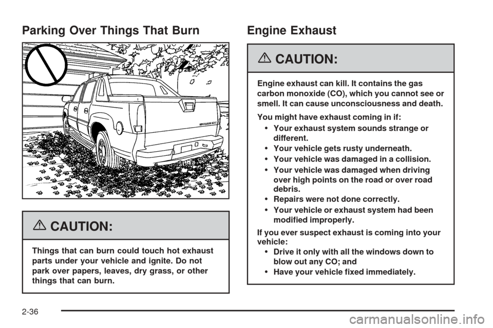 CADILLAC ESCALADE EXT 2006 2.G User Guide Parking Over Things That Burn
{CAUTION:
Things that can burn could touch hot exhaust
parts under your vehicle and ignite. Do not
park over papers, leaves, dry grass, or other
things that can burn.
Eng