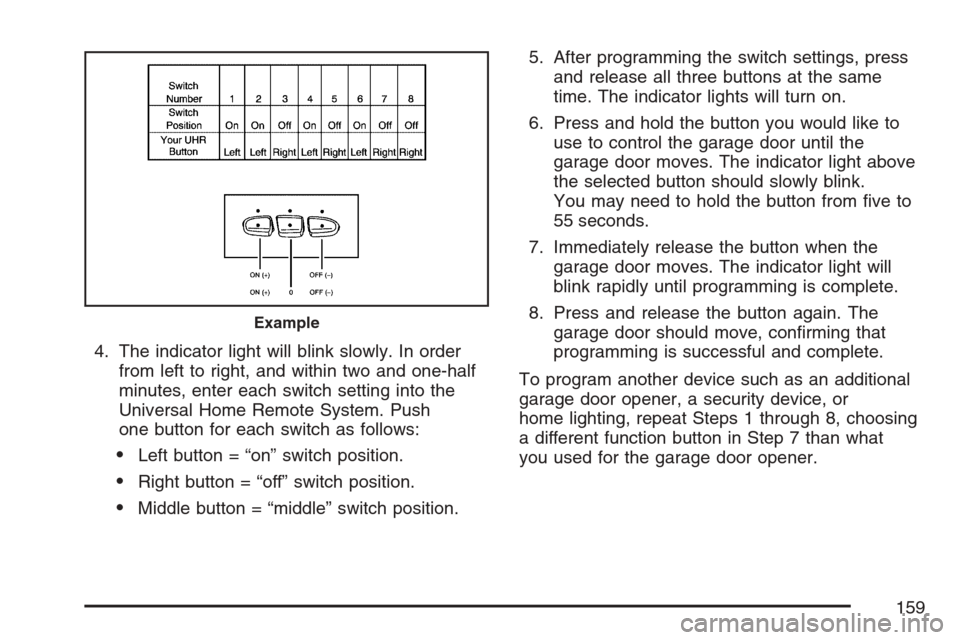CADILLAC ESCALADE EXT 2007 3.G Owners Manual 4. The indicator light will blink slowly. In order
from left to right, and within two and one-half
minutes, enter each switch setting into the
Universal Home Remote System. Push
one button for each sw