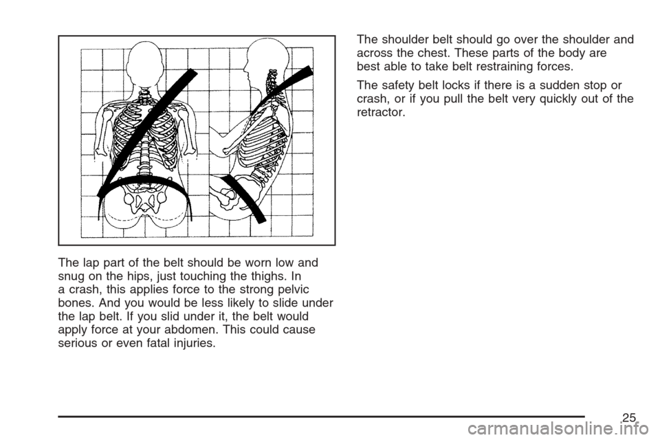 CADILLAC ESCALADE EXT 2007 3.G Owners Manual The lap part of the belt should be worn low and
snug on the hips, just touching the thighs. In
a crash, this applies force to the strong pelvic
bones. And you would be less likely to slide under
the l