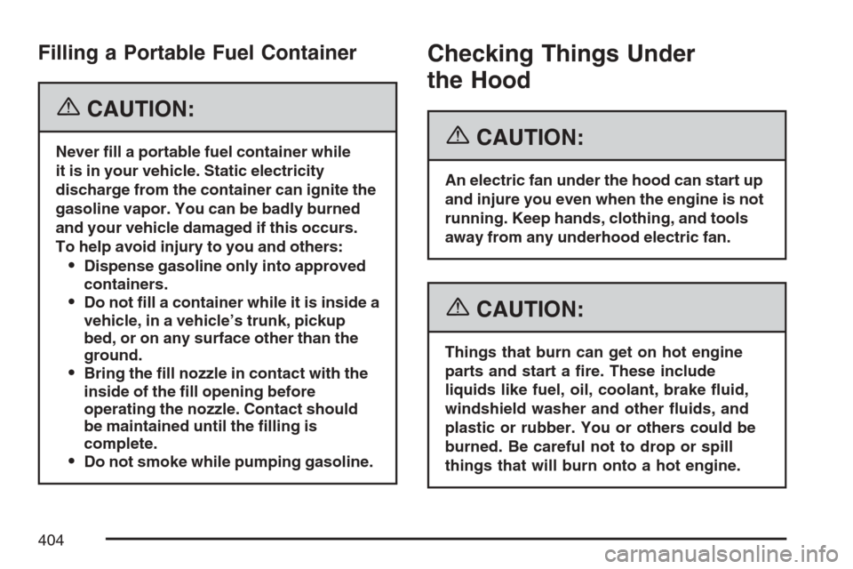 CADILLAC ESCALADE EXT 2007 3.G Owners Manual Filling a Portable Fuel Container
{CAUTION:
Never �ll a portable fuel container while
it is in your vehicle. Static electricity
discharge from the container can ignite the
gasoline vapor. You can be b