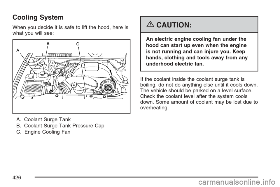 CADILLAC ESCALADE EXT 2007 3.G Owners Guide Cooling System
When you decide it is safe to lift the hood, here is
what you will see:
A. Coolant Surge Tank
B. Coolant Surge Tank Pressure Cap
C. Engine Cooling Fan{CAUTION:
An electric engine coolin