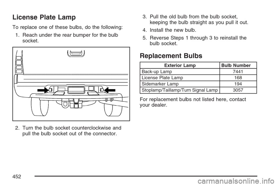 CADILLAC ESCALADE EXT 2007 3.G Owners Manual License Plate Lamp
To replace one of these bulbs, do the following:
1. Reach under the rear bumper for the bulb
socket.
2. Turn the bulb socket counterclockwise and
pull the bulb socket out of the con