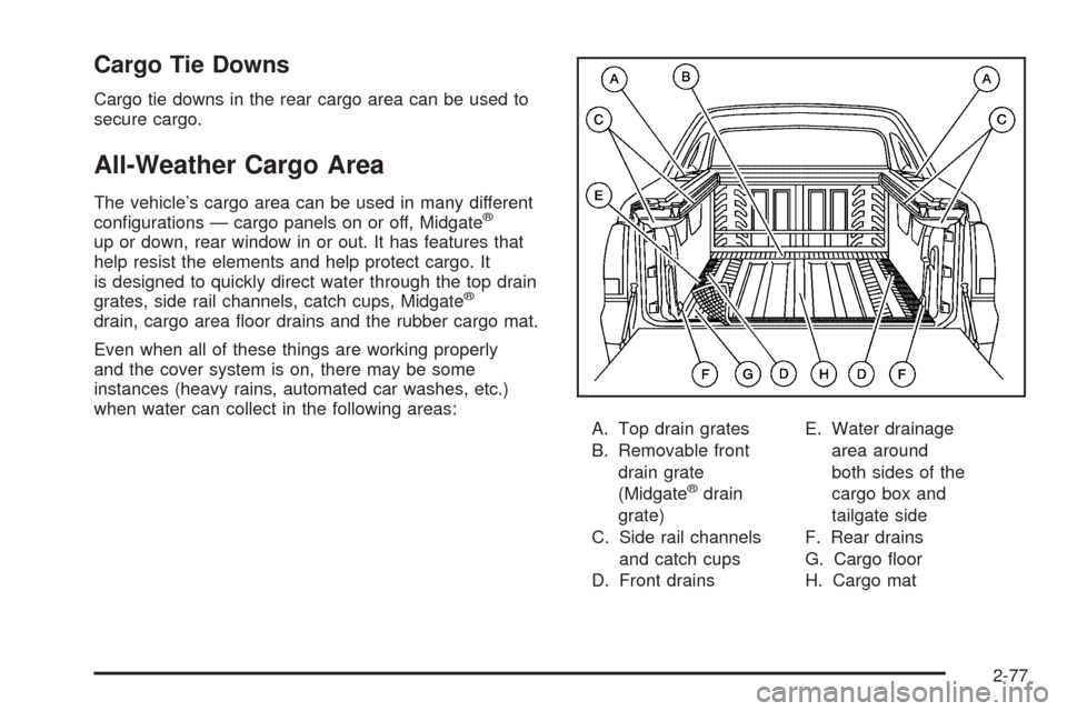 CADILLAC ESCALADE EXT 2009 3.G User Guide Cargo Tie Downs
Cargo tie downs in the rear cargo area can be used to
secure cargo.
All-Weather Cargo Area
The vehicle’s cargo area can be used in many different
con�gurations — cargo panels on or