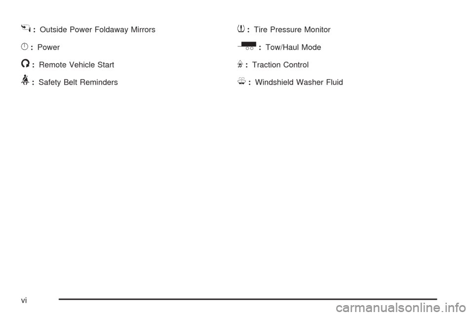 CADILLAC ESCALADE EXT 2009 3.G Owners Manual g:Outside Power Foldaway Mirrors
}:Power
/:Remote Vehicle Start
>:Safety Belt Reminders
7:Tire Pressure Monitor
_:Tow/Haul Mode
F:Traction Control
M:Windshield Washer Fluid
vi 