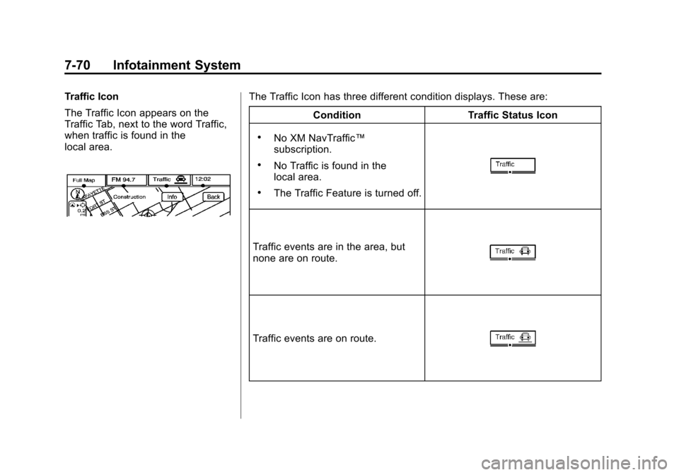 CADILLAC ESCALADE EXT 2011 3.G Owners Manual Black plate (70,1)Cadillac Escalade EXT Owner Manual - 2011
7-70 Infotainment System
Traffic Icon
The Traffic Icon appears on the
Traffic Tab, next to the word Traffic,
when traffic is found in the
lo