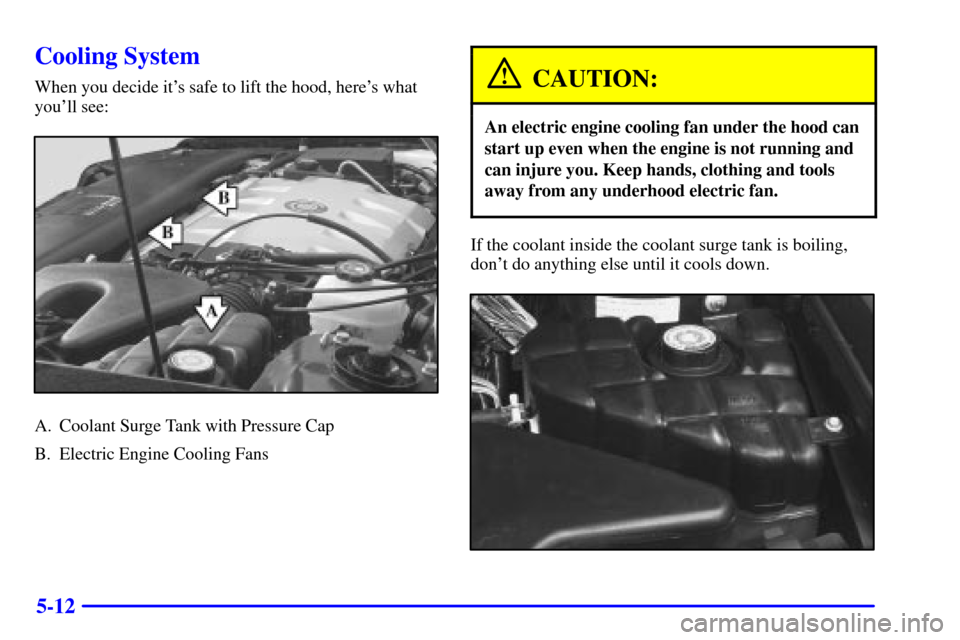 CADILLAC SEVILLE 2000 5.G User Guide 5-12
Cooling System
When you decide its safe to lift the hood, heres what
youll see:
A. Coolant Surge Tank with Pressure Cap
B. Electric Engine Cooling Fans
CAUTION:
An electric engine cooling fan 