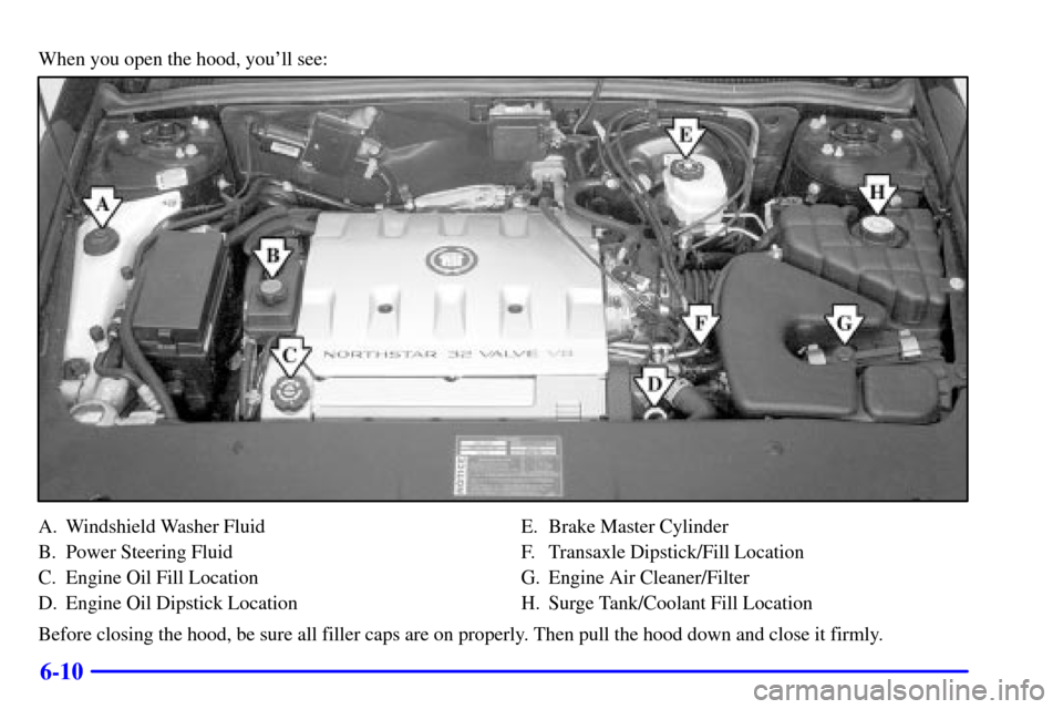 CADILLAC SEVILLE 2000 5.G User Guide 6-10
When you open the hood, youll see:
A. Windshield Washer Fluid
B. Power Steering Fluid
C. Engine Oil Fill Location
D. Engine Oil Dipstick LocationE. Brake Master Cylinder
F. Transaxle Dipstick/Fi