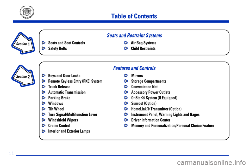 CADILLAC SEVILLE 2000 5.G Owners Manual ii
Table of Contents
Keys and Door Locks
Remote Keyless Entry (RKE) System
Trunk Release
Automatic Transmission 
Parking Brake
Windows
Tilt Wheel
Turn Signal/Multifunction Lever
Windshield Wipers
Crui