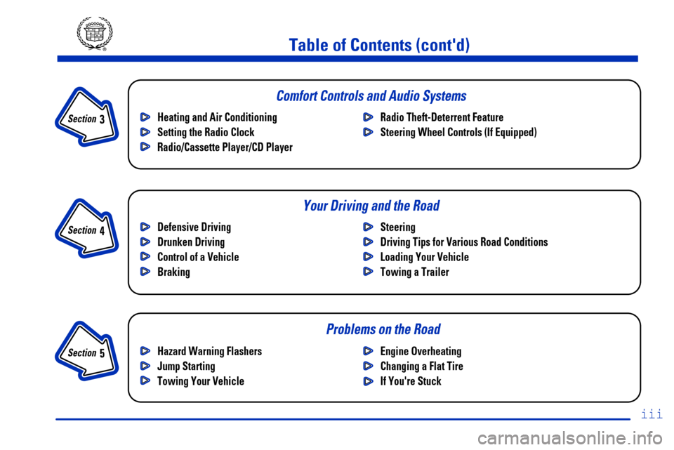 CADILLAC SEVILLE 2000 5.G Owners Manual iii
Section 
 3
Comfort Controls and Audio Systems
Section 
 4
Your Driving and the Road
Section 
 5
Table of Contents (contd)
Defensive Driving
Drunken Driving
Control of a Vehicle
BrakingSteering
D