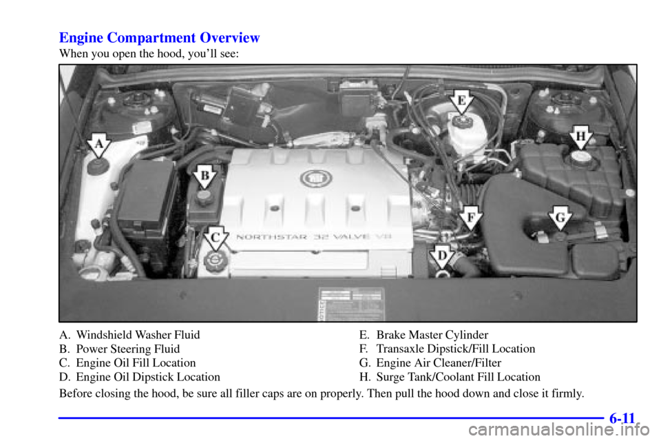 CADILLAC SEVILLE 2001 5.G Owners Manual 6-11 Engine Compartment Overview
When you open the hood, youll see:
A. Windshield Washer Fluid
B. Power Steering Fluid
C. Engine Oil Fill Location
D. Engine Oil Dipstick LocationE. Brake Master Cylin