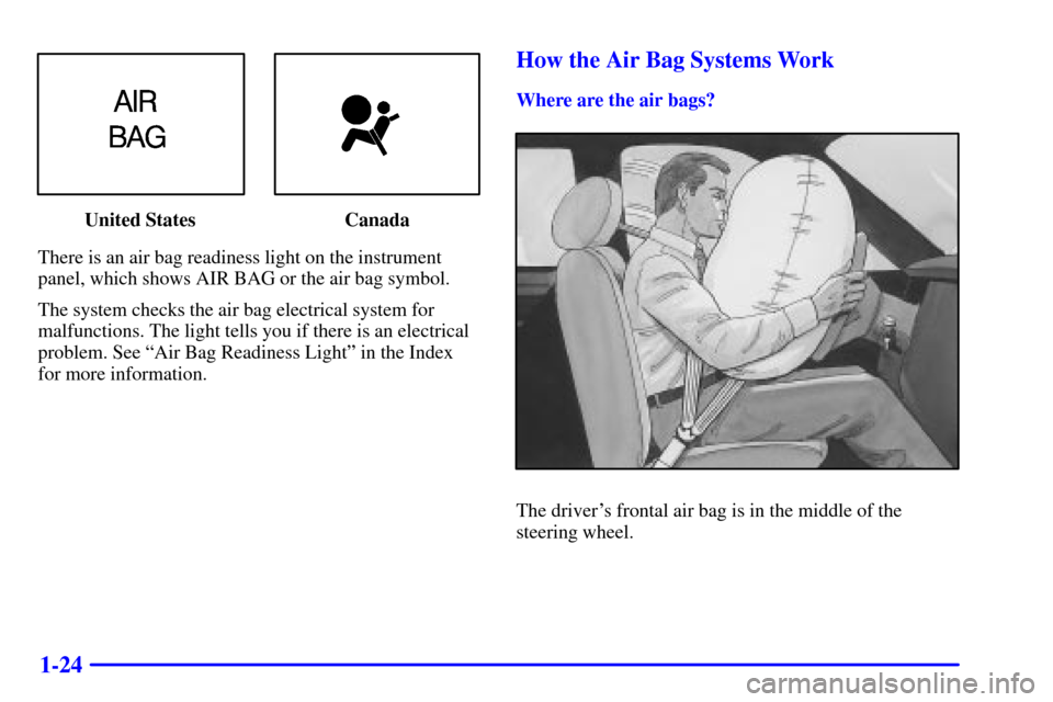 CADILLAC SEVILLE 2001 5.G Owners Guide 1-24
United States Canada
There is an air bag readiness light on the instrument
panel, which shows AIR BAG or the air bag symbol.
The system checks the air bag electrical system for
malfunctions. The 