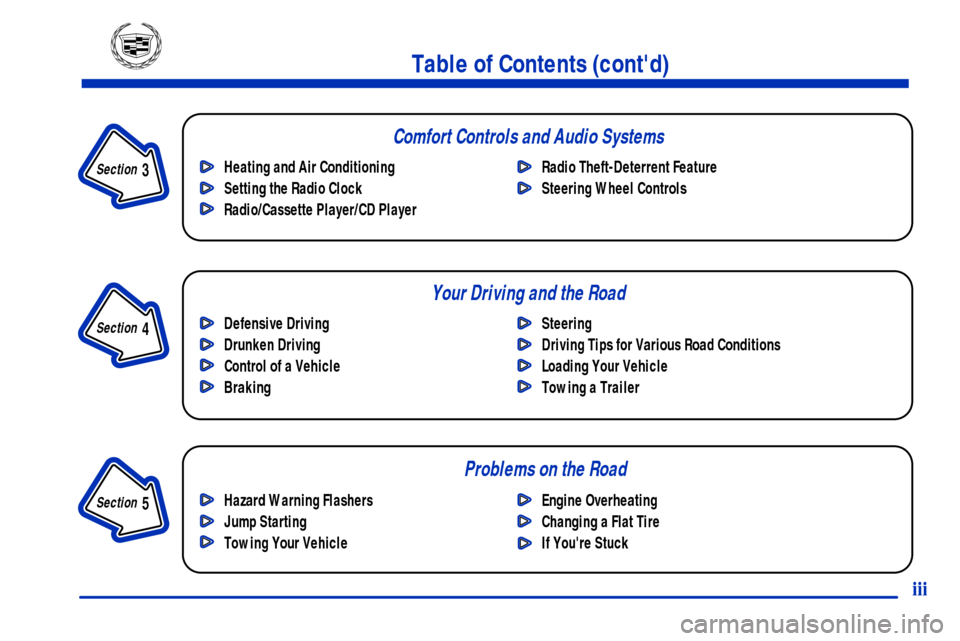 CADILLAC SEVILLE 2001 5.G Owners Manual Section 
 3
Comfort Controls and Audio Systems
Section 
 4
Your Driving and the Road
Section 
 5
Table of Contents (contd)
Defensive Driving
Drunken Driving
Control of a Vehicle
BrakingSteering
Drivi