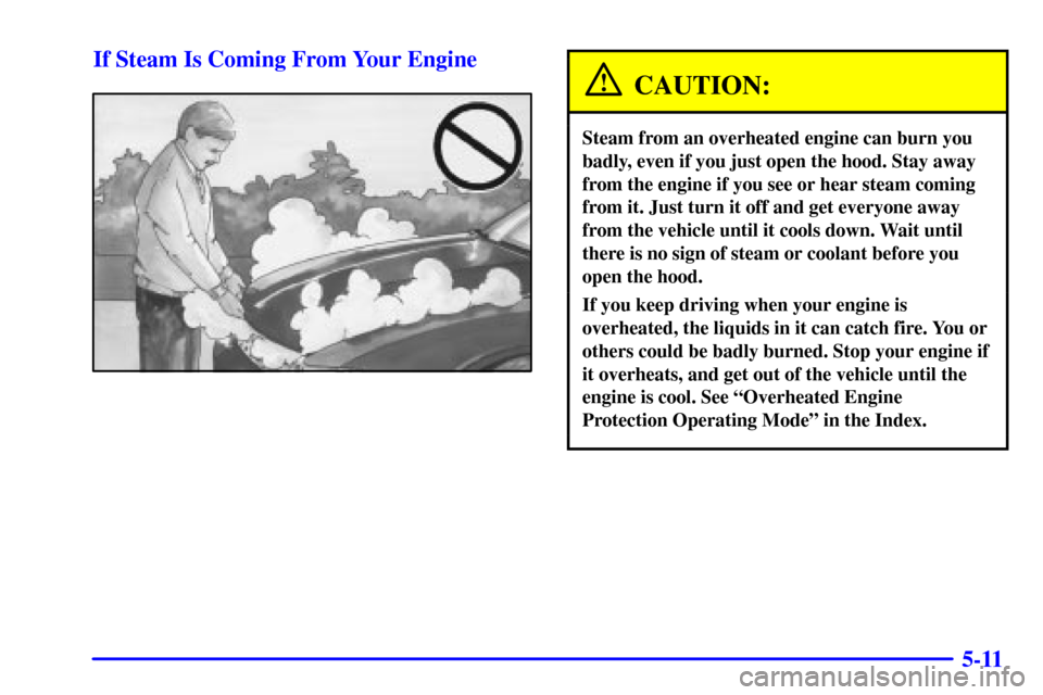 CADILLAC SEVILLE 2002 5.G Owners Manual 5-11 If Steam Is Coming From Your Engine
CAUTION:
Steam from an overheated engine can burn you
badly, even if you just open the hood. Stay away
from the engine if you see or hear steam coming
from it. CADILLAC SEVILLE 2002 5.G Owners Manual 5-11 If Steam Is Coming From Your Engine
CAUTION:
Steam from an overheated engine can burn you
badly, even if you just open the hood. Stay away
from the engine if you see or hear steam coming
from it.